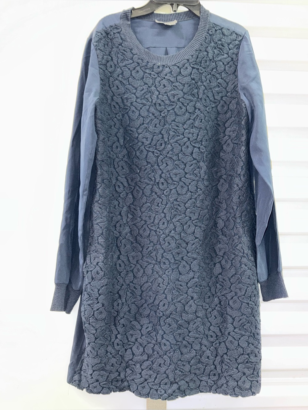 Vince Lace Overlay Navy Shift Long Sleeve Dress Size Small Silk Cashmere
